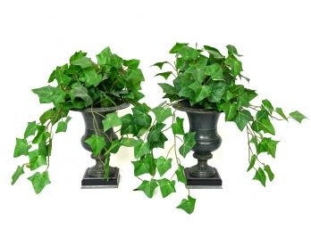 Pair Of Metal Urns With Faux Ivy Plants