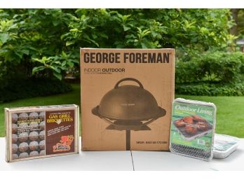 NEW! George Foreman Indoor Outdoor Grill, Box Of Gas Grill Briquettes And Two Disposable BBQ Grills