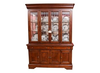 Traditional Cherry Wood Lighted China Cabinet With Etched Glass Doors