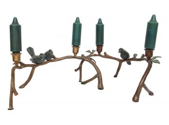 Pair Of Brass Tree Branch Candle Holders With Perched Birds