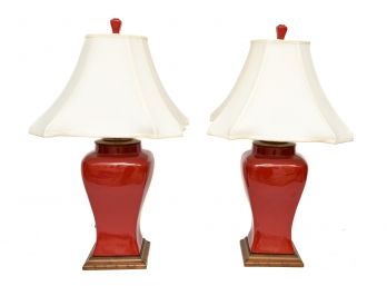 Pair Of Crimson Ceramic Table Lamps With Wood Base