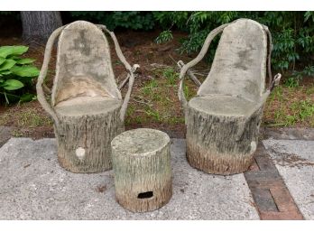 Pair Of Folk Art Bent Metal Cement Bark Chairs And Table