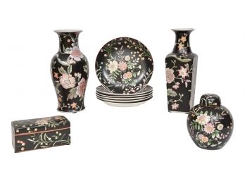 Set Of Six Vintage CPC Macau Plates, Vases, Square Trinket Box And Covered Ginger Jar