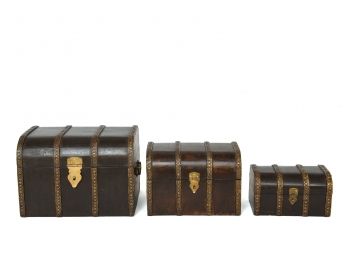 Set Of Three Wooden Boxes With Brass Trim