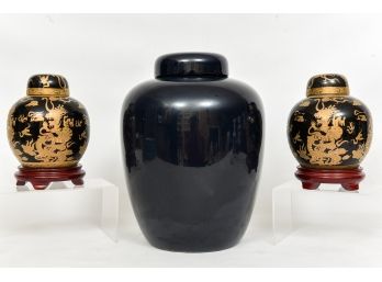 Signed Jaru Large Covered Vessel Dated 1981 And Pair Of Gilt Dragon Covered Jars