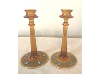 Gorgeous  Glass Candlesticks With Blue Decoration