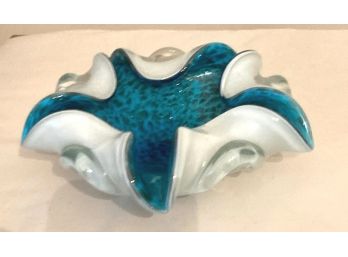 Murano Art Glass Ashtray In Teal & White