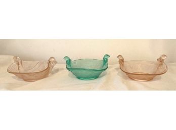 3 Vintage Colorful Condiment Or Soup Bowls With Underplates