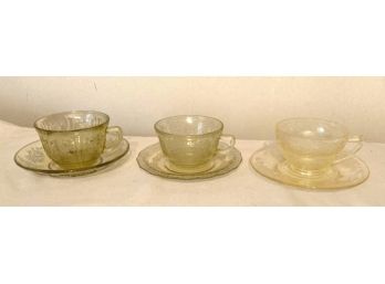 THREE Depression Glass Era Cup & Saucer Sets