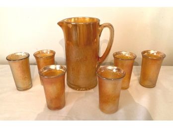 Carnival Glass Pitcher With 6 Tumblers