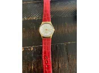 Vintage Swatch Watch With Red Band Grey Center