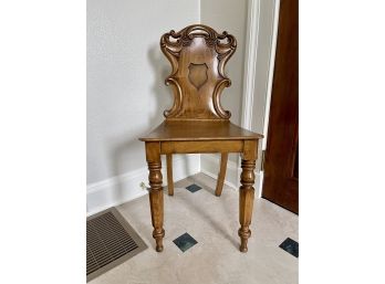 Antique Armorial Cartouche Hall Chair W Carved Scrollwork Back Design And Boldly Splayed Back Legs