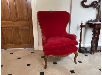 Striking French Louis XV Style Red Velvet Winged- Back Bergere Chair