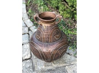 Large Tribal Art Pottery Vessel W Face Handles