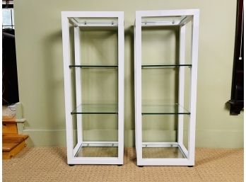 Metal And Glass Shelf Pedestal Accent Tables- A Pair