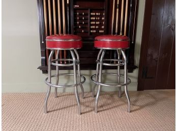 Vintage Cosco Swivel Bar Stools Chrome & Red Vinyl - A Pair