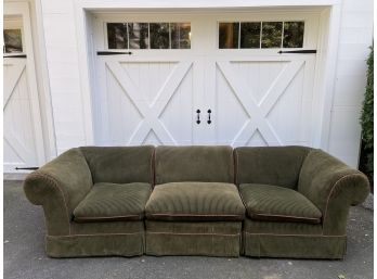 Custom Modular 3- Piece Sofa In Olive Green Wide Corduroy Striped Velvet