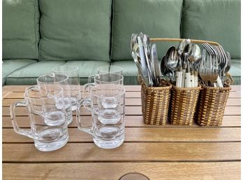 Acrylic Cups, Flatware And Wicker Caddy