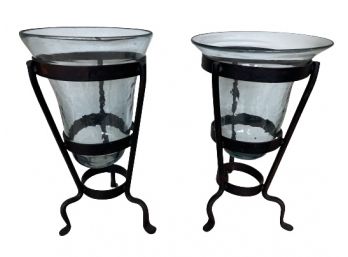 16- Inch Tall Vases/ Hurricanes On Wrought Iron Bases - A Pair