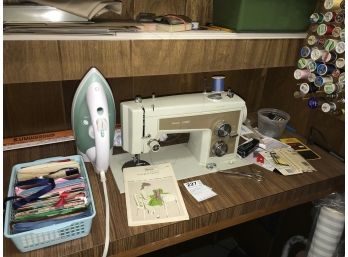 Singer /kenmore Sewing Machine , Thread And Accessories  And Roll Of Striped Material