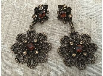 Rhinestone And Antiqued Gold Tone Earrings