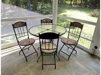 4 Maxcera Mosaic Bistro Chairs & Wrought Iron Round Table W Plexiglass Top