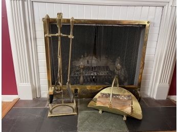 Brass Fireplace Tool Set And Brass Claw Footed Firewood Log Holder