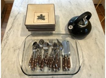 Flatware Set, Williams- Sonoma Dishes, Kettle & Pyrex Dish