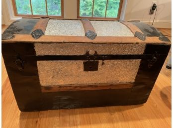 Antique (C19th) American Dome Topped Wooden Bound Travel Trunk Floral Design With Two Clip Locks