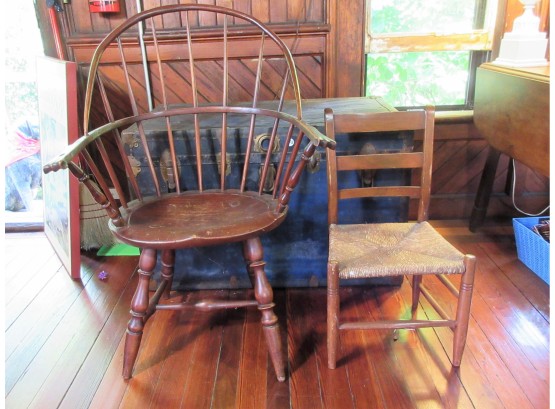 19th Century Windsor Arm Chair + Antique Child's Ladderback