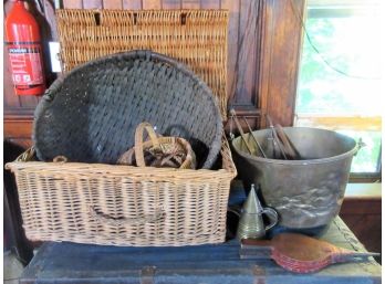 Antique Country Baskets With Antique Brass Bucket And Tools