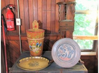 Vintage Decorations -Tole, Swiss Painted Basket, Plant Stand, Etc.