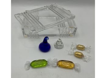 Elegant Glass Lidded Box W/2 Murano Glass Candies & More