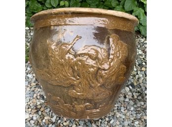 Large Vintage Chinese Terra Cotta Glazed Planter W/dragons 1940-1950