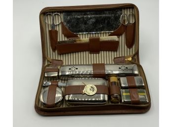 Vintage Mens Chrome Toiletry Kit In Leather Case ~new ~