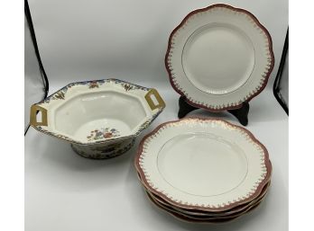 Antique Havilland Limoges Bowl & 6 Antique W.S.George Plates  Iris