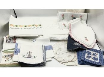 Linen Lot ~ Cutout Table Cloth, Needlepoint Towels, Napkins & More ~