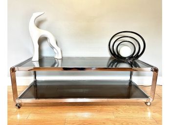 Mid Century Chrome And Smoked Glass Coffee Table On Casters