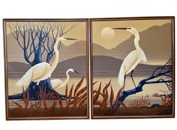 Pair Of Crane Paintings By Franco