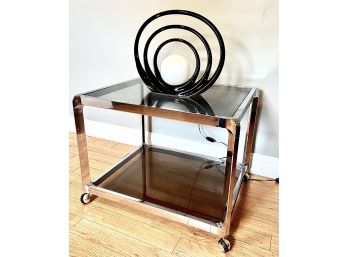 Mid Century Chrome Smoked Glass Rolling BarCar/ Occasional Side Table On Wheels