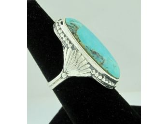 Long Oval Turquoise Sterling Silver Ring Size 6 1/2