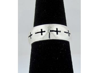 Unisex Sterling Silver Etched Cross Ring Size 7