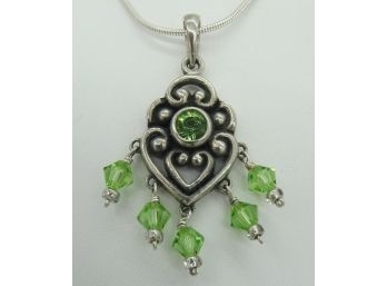 Sterling Silver & Green Swarovski Crystal Pendant With Necklace 16'