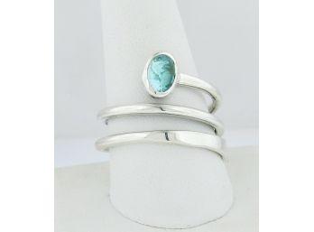 Sterling Silver Coil Ring With Aquamarine Stone Size 9 1/2