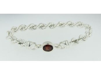 Sterling Silver Twisted Rope Bracelet With Red Garnet Stone Size 7'