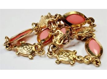 18k Gold Fill Pink Stone And Turtle Link Charm Bracelet