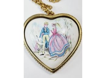 Large Heart Porcelain Hand Painted Pendant In Bezel With Long Gold Tone Necklace