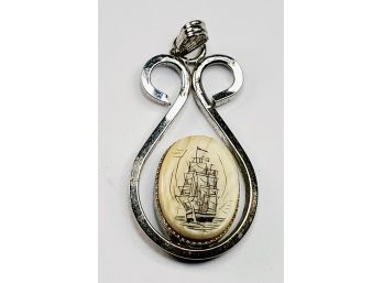 Vintage Verna Sterling Silver Scrimshaw Ship Pendant