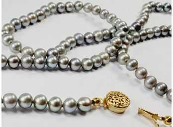 Silver-Grey Pearl Necklace 10 K Gold Clasp