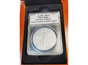 2014 Silver Eagle MS70 First Day Issue ANACS Slab In Wooden Display Box